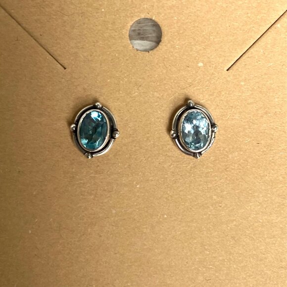 Sterling Silver 925 Dainty Bezel Set Oval Blue Cubic Zirconia CZ Stud Earrings - Picture 16 of 16